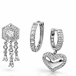 Gümüş Renk Taş Detaylı Üçlü Küpe